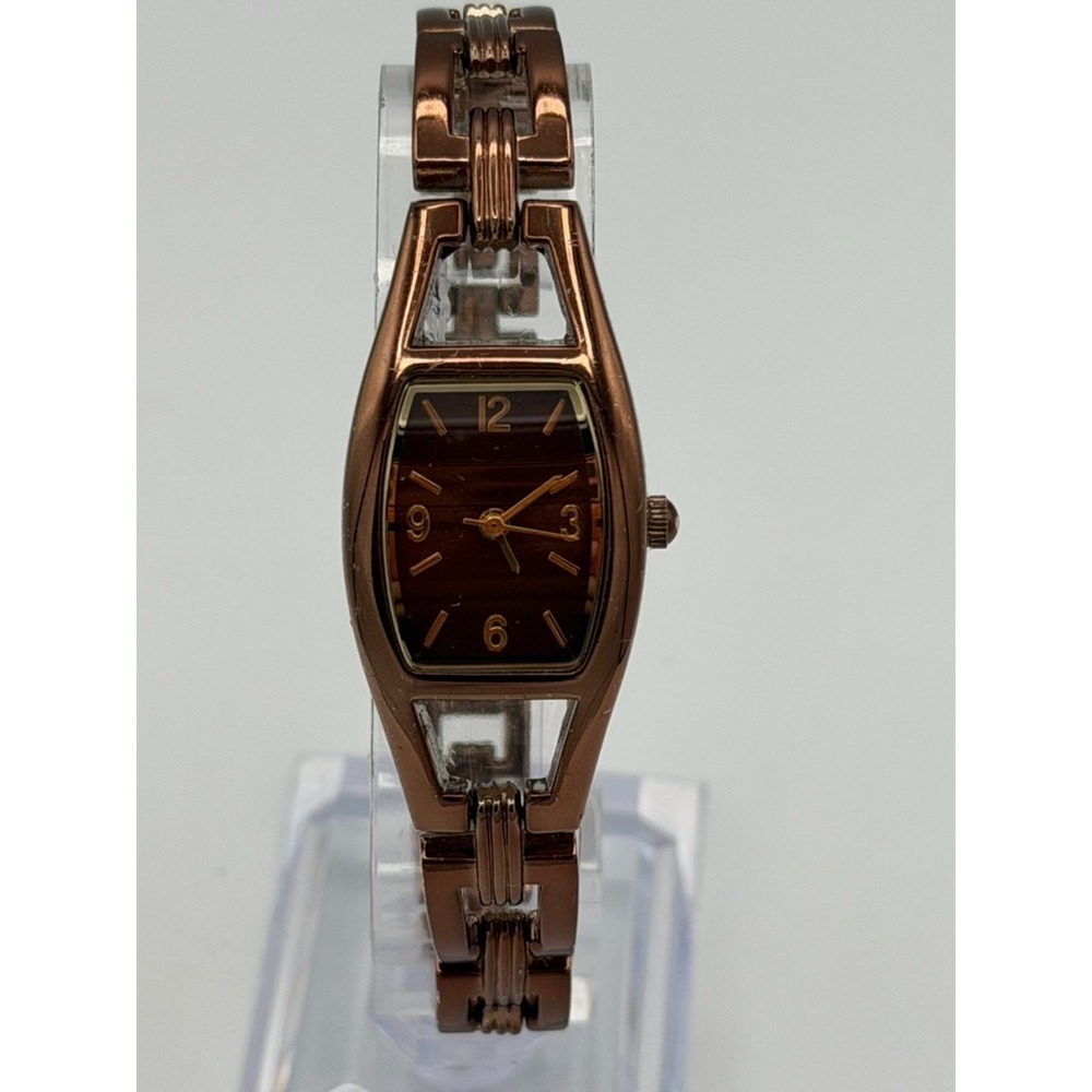 Gold Tone Rectangular Quartz Watch Brown Dial Bracelet Style Women's Runs 7"